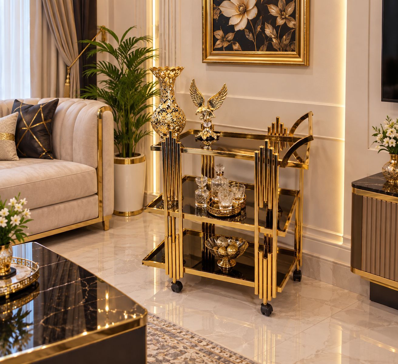 میز بار فلزی چرخ دار طرح پیانویی